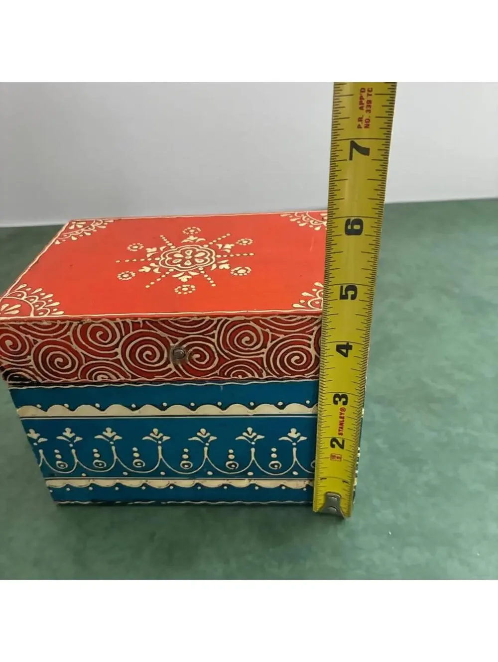 Hand Painted Indian Folk Art Wooden Trinket Box Jewelry Box Blue Red
